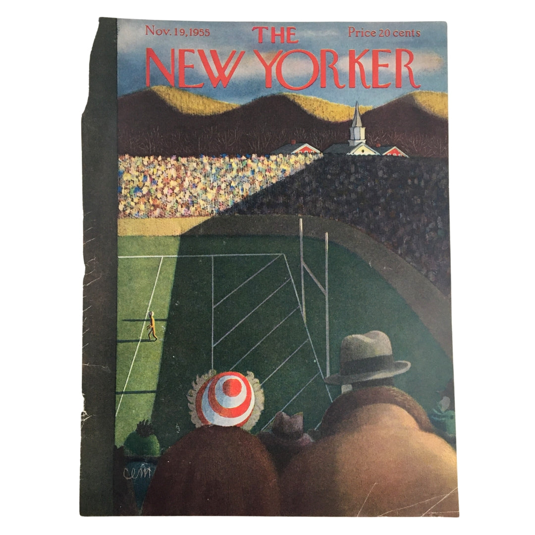 Front view of The New Yorker cover from November 19, 1955 by Charles E. Martin, showcasing a crowd watching a game with a church in the background.