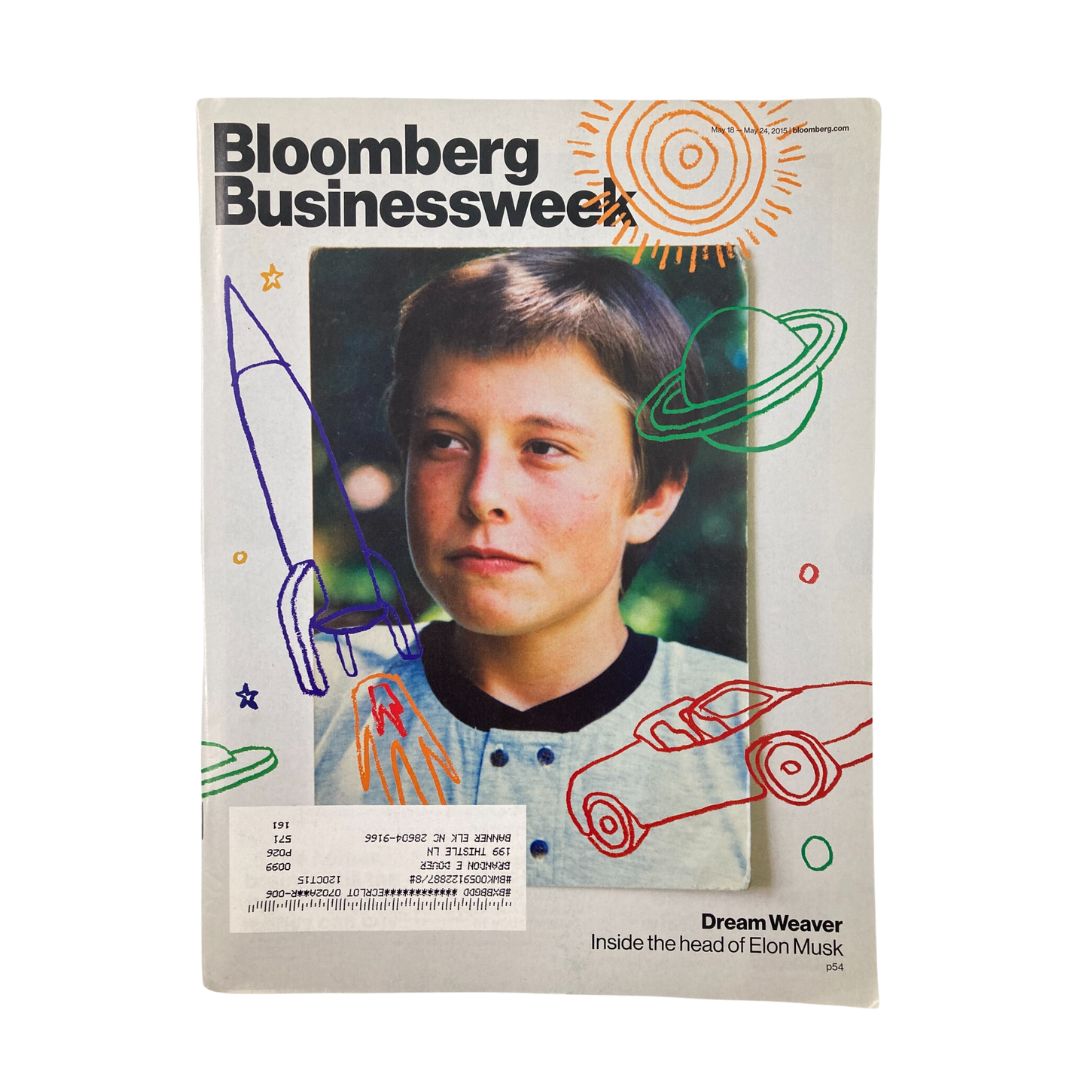 Bloomberg Businessweek Magazine May 18-24 2015 cover featuring Dream Weaver - Elon Musk, showcasing a portrait of Musk with vibrant illustrations in the background.