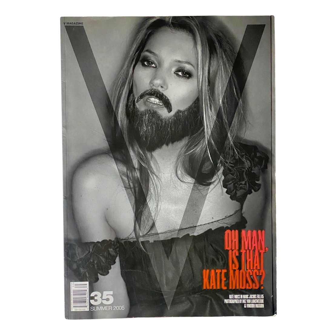 V Magazine Summer 2005 No. 35 cover featuring a creative interpretation of Kate Moss with a beard, showcasing artistic fashion photography.
