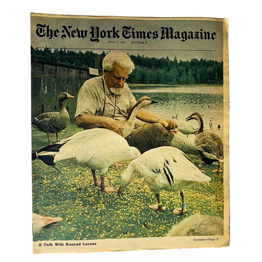 The New York Times Magazine July 5 1970 cover featuring renowned ethologist Konrad Lorenz interacting with geese by a lake.