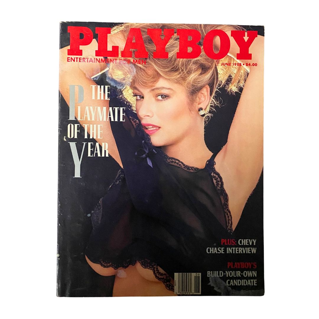 Playboy Magazine June 1988 cover featuring Playmate Emily Arth, highlighting her as 'The Playmate of the Year' with a striking pose and stylish attire.