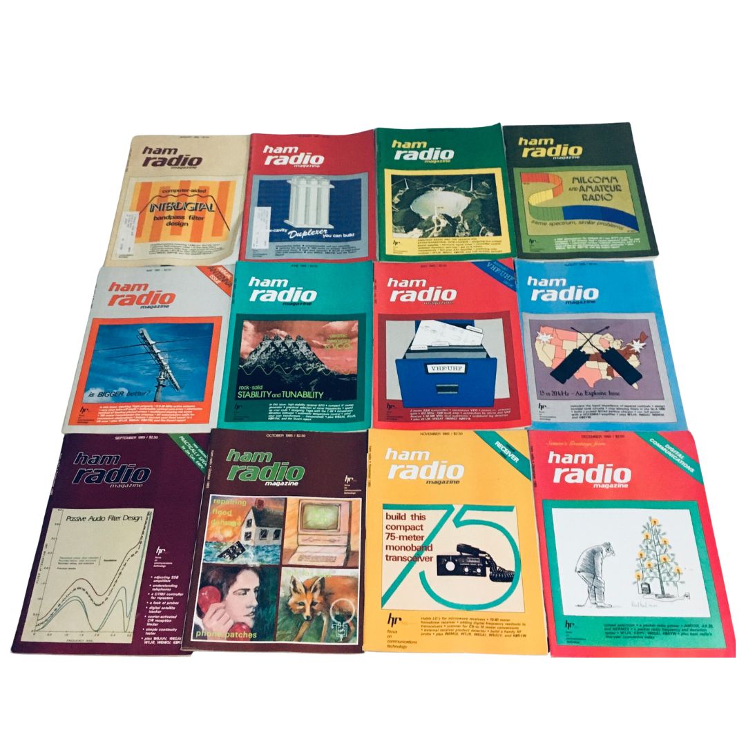 Lot of 12 Complete January to December 1985 Ham Radio Volume 1 to 12 featuring magazine covers across all months.