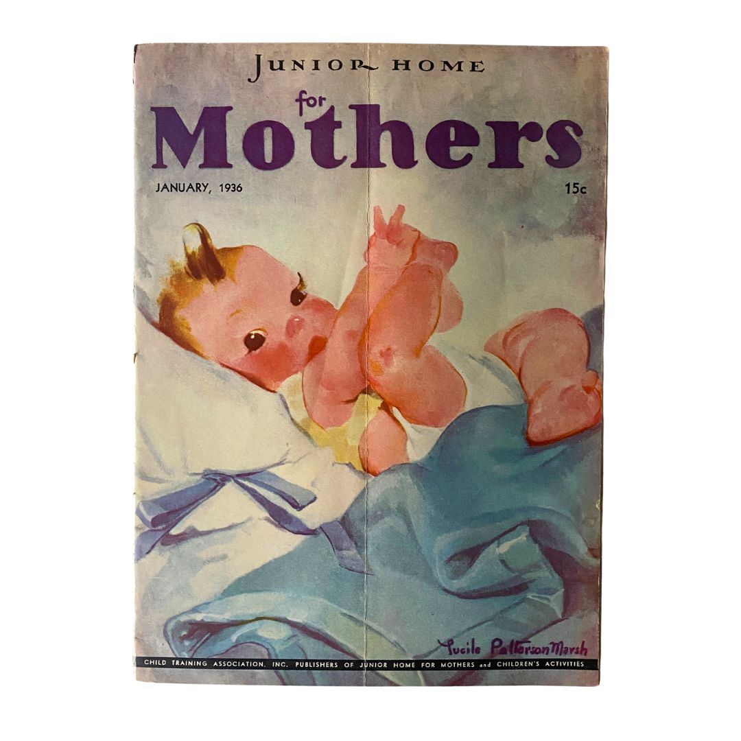 Cover image of VTG Junior Home for Mothers Magazine January 1936 showcasing a vintage illustration of a baby. Highlights the knitting styles featured in this 1936 magazine.