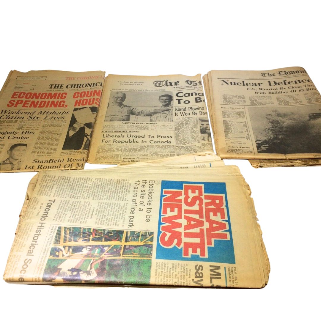 The Guardian, Chronicle, & Edmonton Journal NEWSPAPER 1967 CANADA lot of 4 showcasing different headlines including 'Nuclear Defence' and real estate news sections, highlighting historical significance.