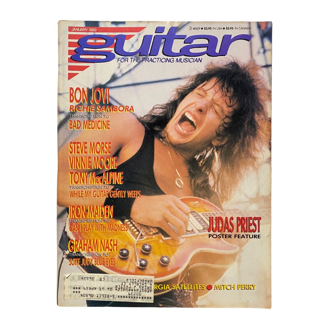 Cover of Guitar for the Practicing Musician Magazine January 1989 featuring Bon Jovi and a vivid image of a guitarist, capturing the essence of the late 80s rock music era.