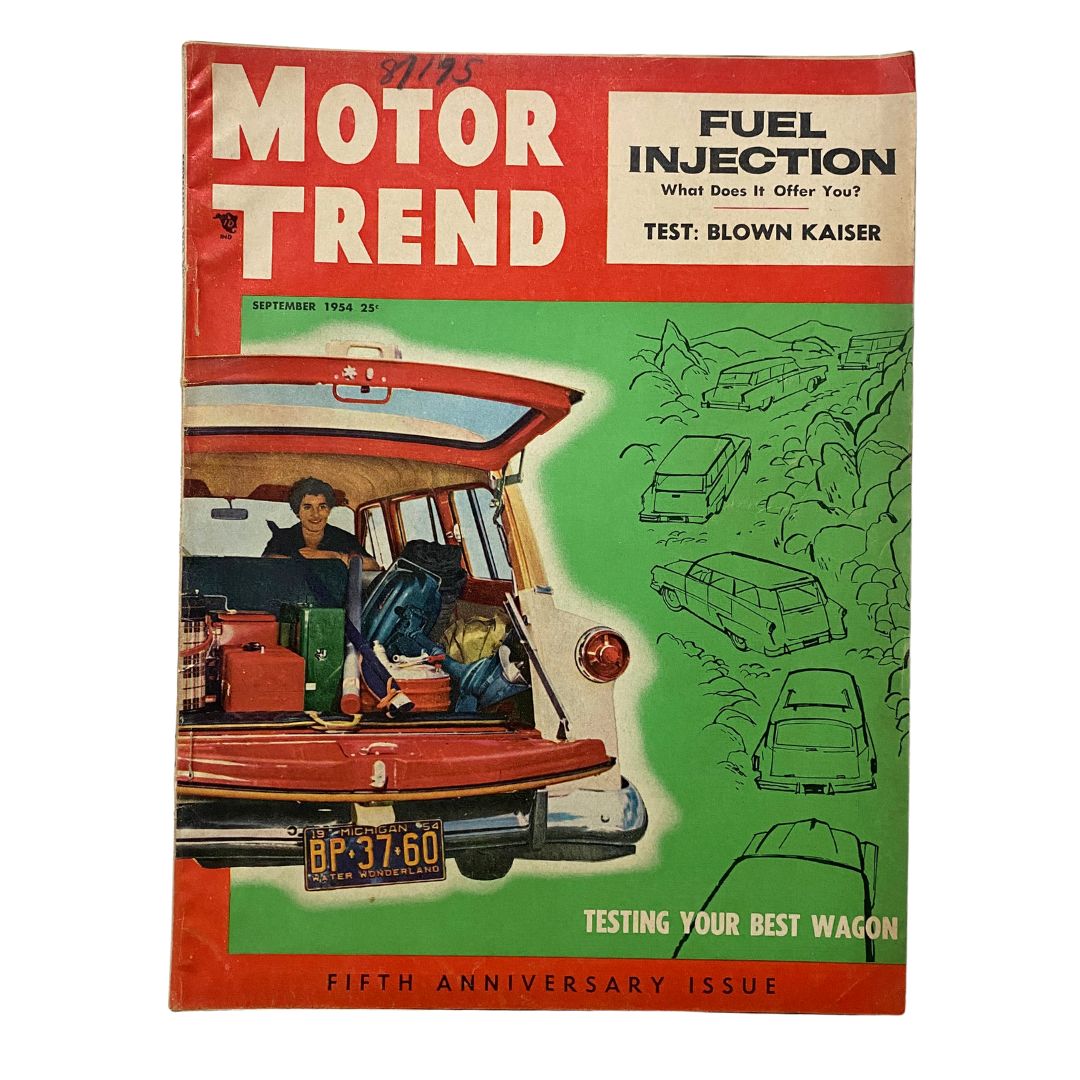 Cover of VTG Motor Trend Magazine September 1954 featuring the title 'Testing Your Best Wagon', showcasing a retro car with packed luggage, emphasizing 1950s automotive culture.