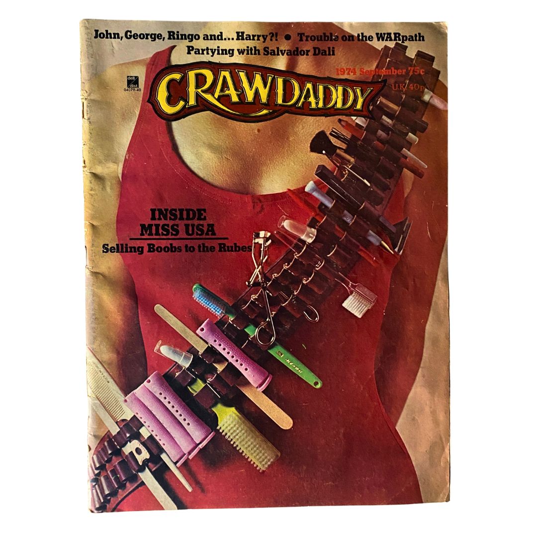 Cover of VTG Crawdaddy Magazine September 1974 featuring a creative design with a red background and items symbolizing the era, along with the title 'Inside Miss USA' highlighting its cultural significance.