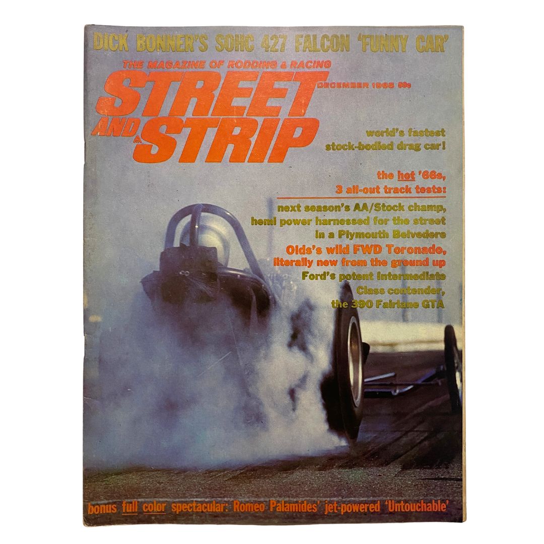 Cover of VTG Street & Strip Magazine December 1965 showcasing a drag car and featured articles on automotive innovations and racing.