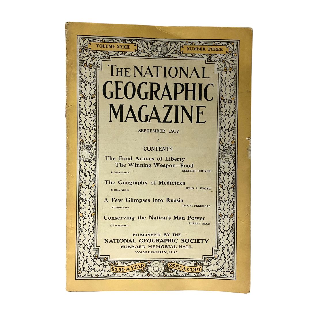 Cover page of National Geographic Magazine September 1917 featuring the theme 'The Geography of Medicines' with contents listed and vintage aesthetics.