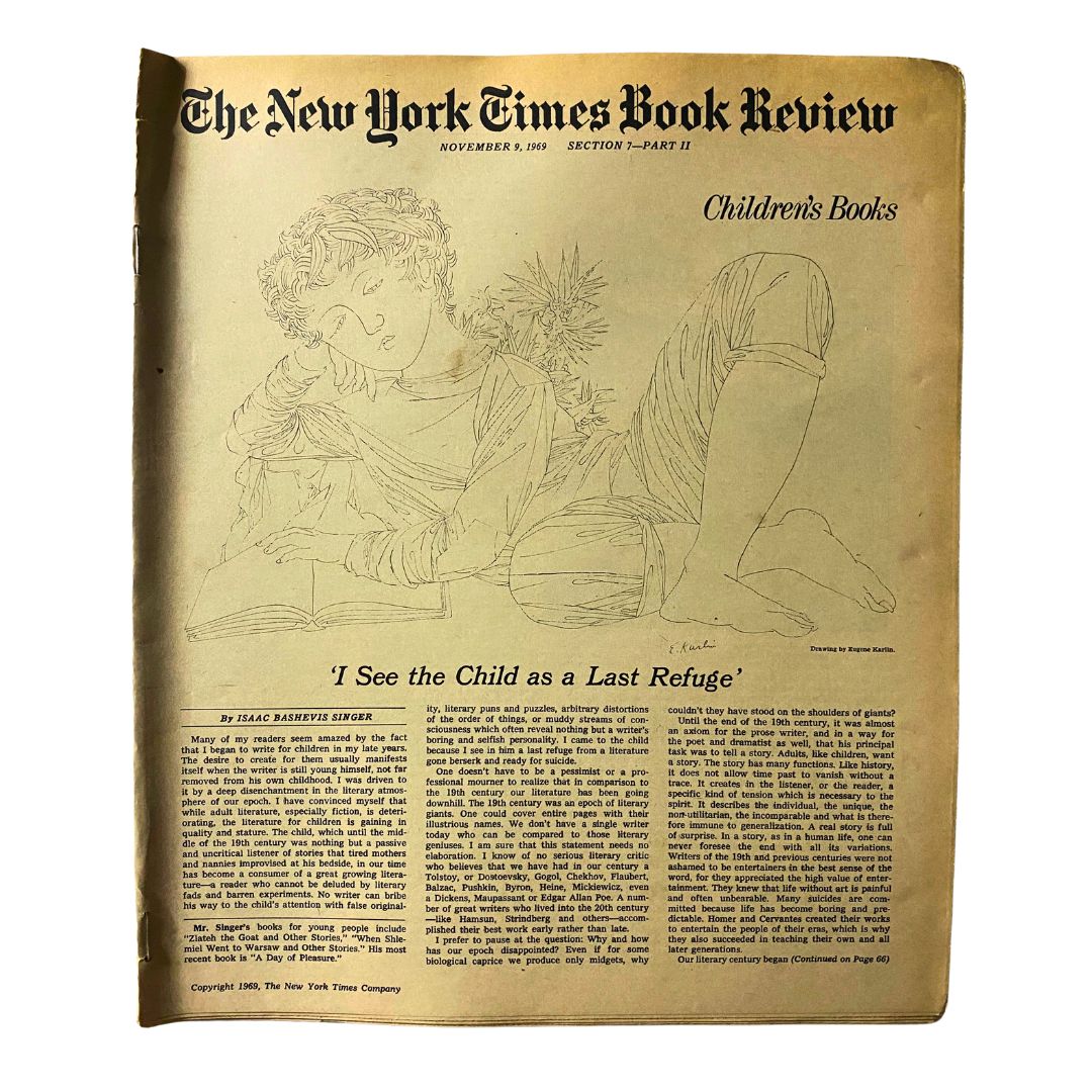 The New York Times Book Review November 9 1969 Children's Book edition showcasing an illustrated cover featuring a child reading, highlighting the literary themes and children's literature discussions of the era.