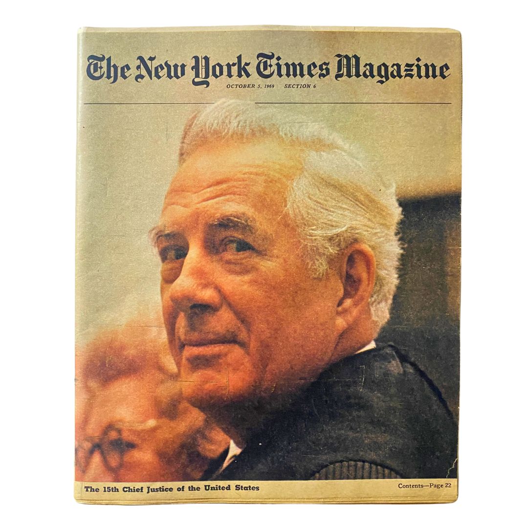 Cover of The New York Times Magazine from October 5, 1969, featuring Warren Earl Burger, the 15th Chief Justice of the United States, with a soft focus portrait highlighting his expression.