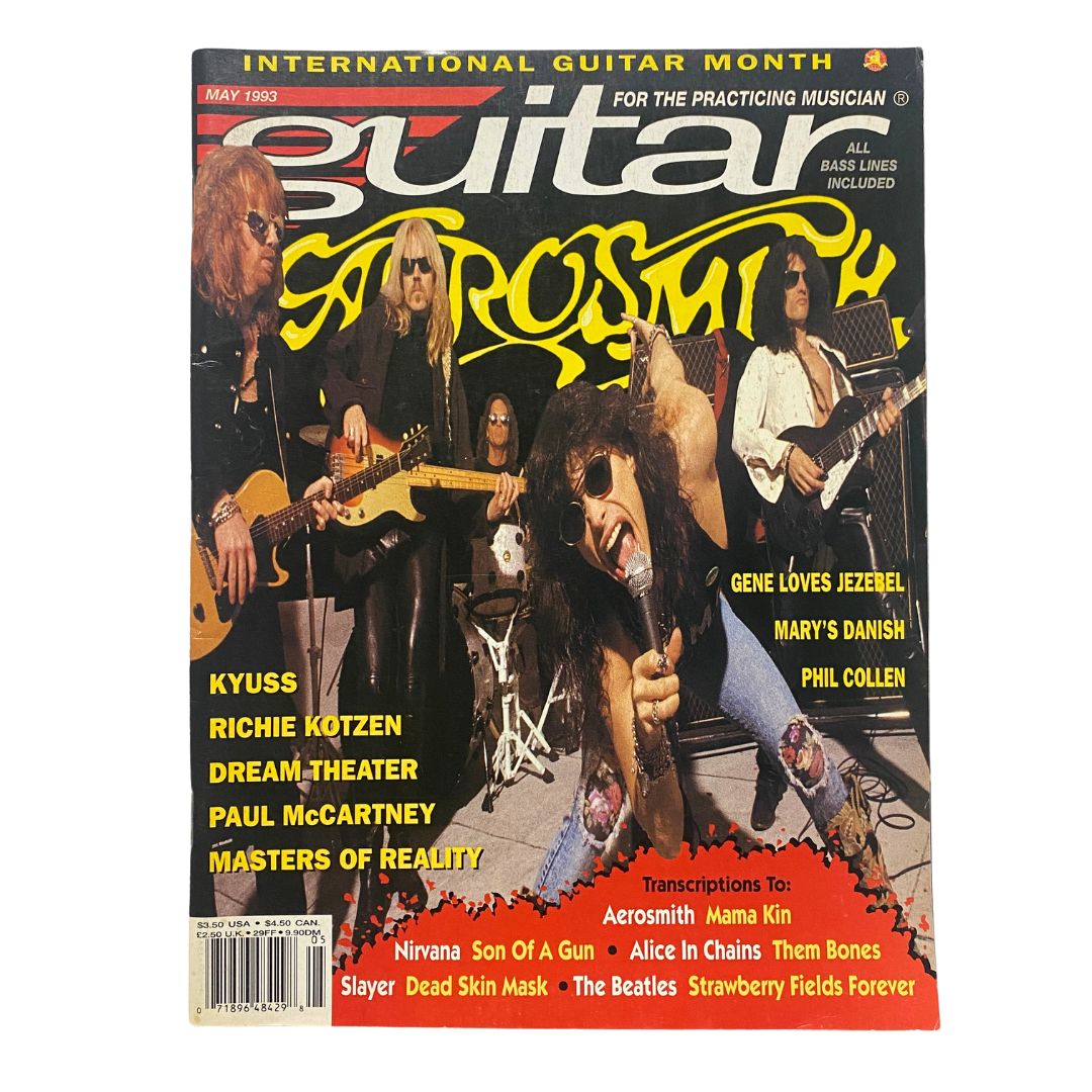 Cover of Guitar for the Practicing Musician Magazine May 1993 featuring Aerosmith, showcasing articles and a vibrant design.