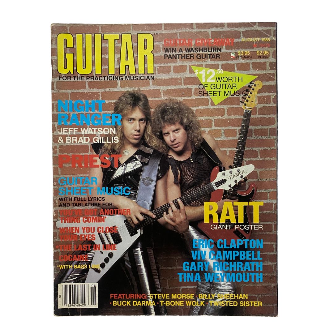Guitar for the Practicing Musician Magazine August 1985 featuring Jeff Watson and Brad Gillis on the cover, showcasing their contributions and interviews in the music industry.