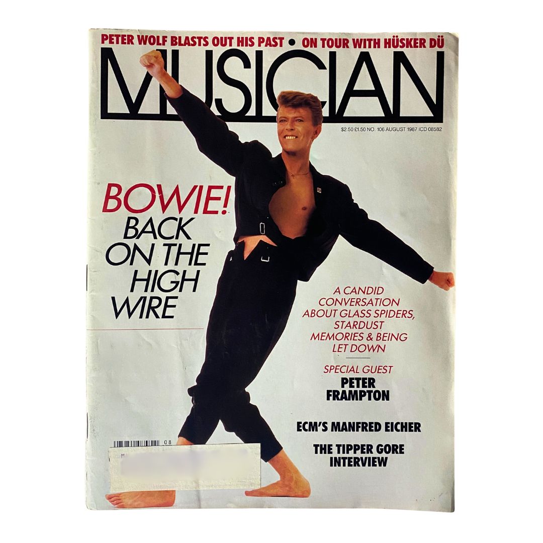 Cover of Vintage Musician Magazine from August 1987 featuring David Bowie in a striking pose, headlined 'BOWIE! BACK ON THE HIGH WIRE.' Special guest Peter Frampton is also mentioned on the cover.