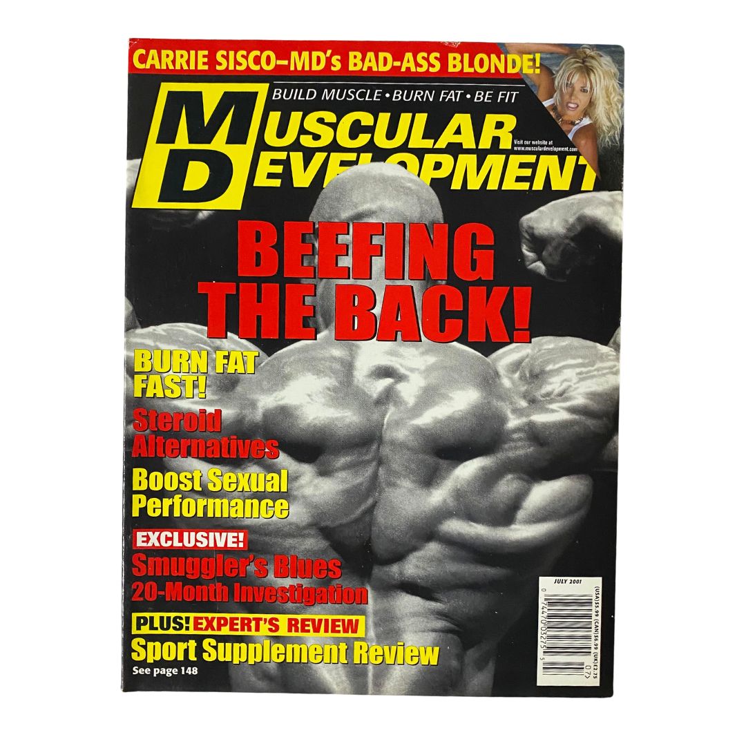 Cover of Muscular Development Magazine July 2001 featuring the title 'Beefing The Back', showcasing a muscular back and a prominent fitness poster, highlighting fitness techniques for bodybuilders.