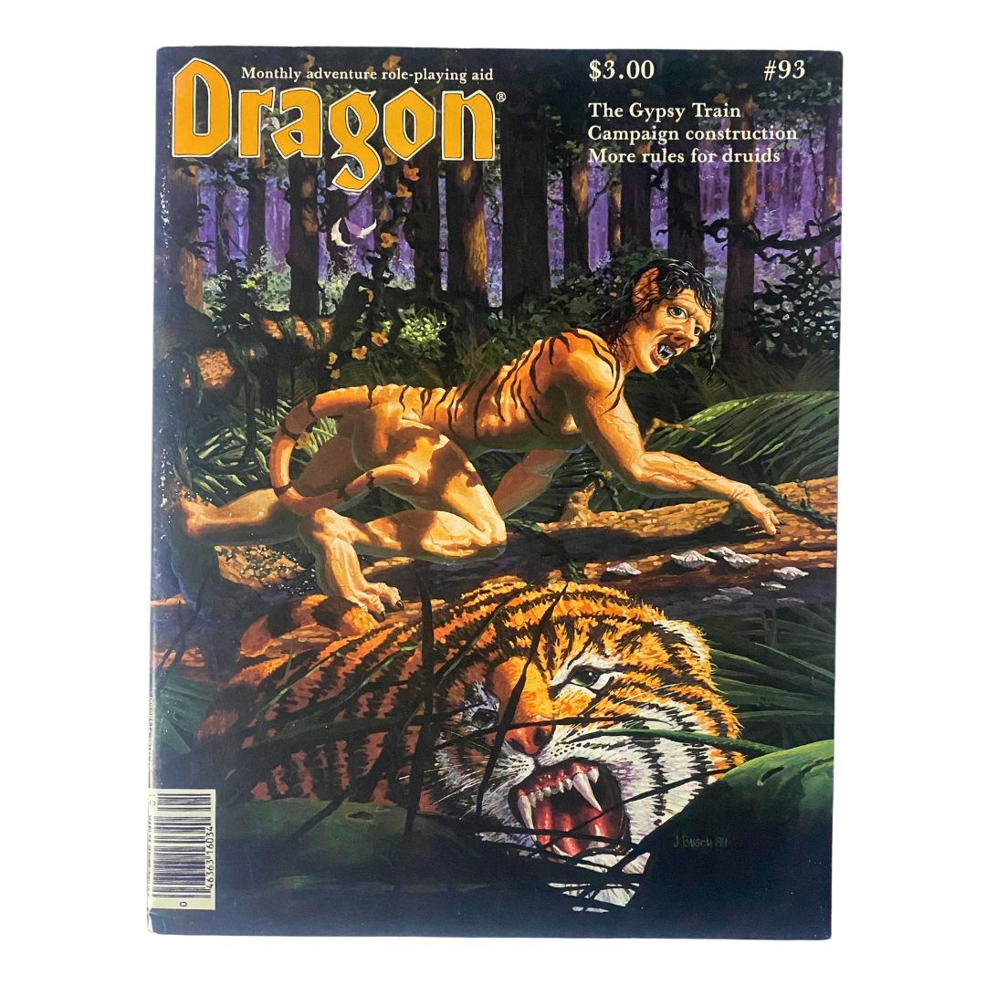 VTG Dragon Magazine January 1985 #93 featuring captivating cover art by Jeff Busch, showcasing a mythical creature and a tiger, highlighting the magazine's focus on tabletop role-playing games.
