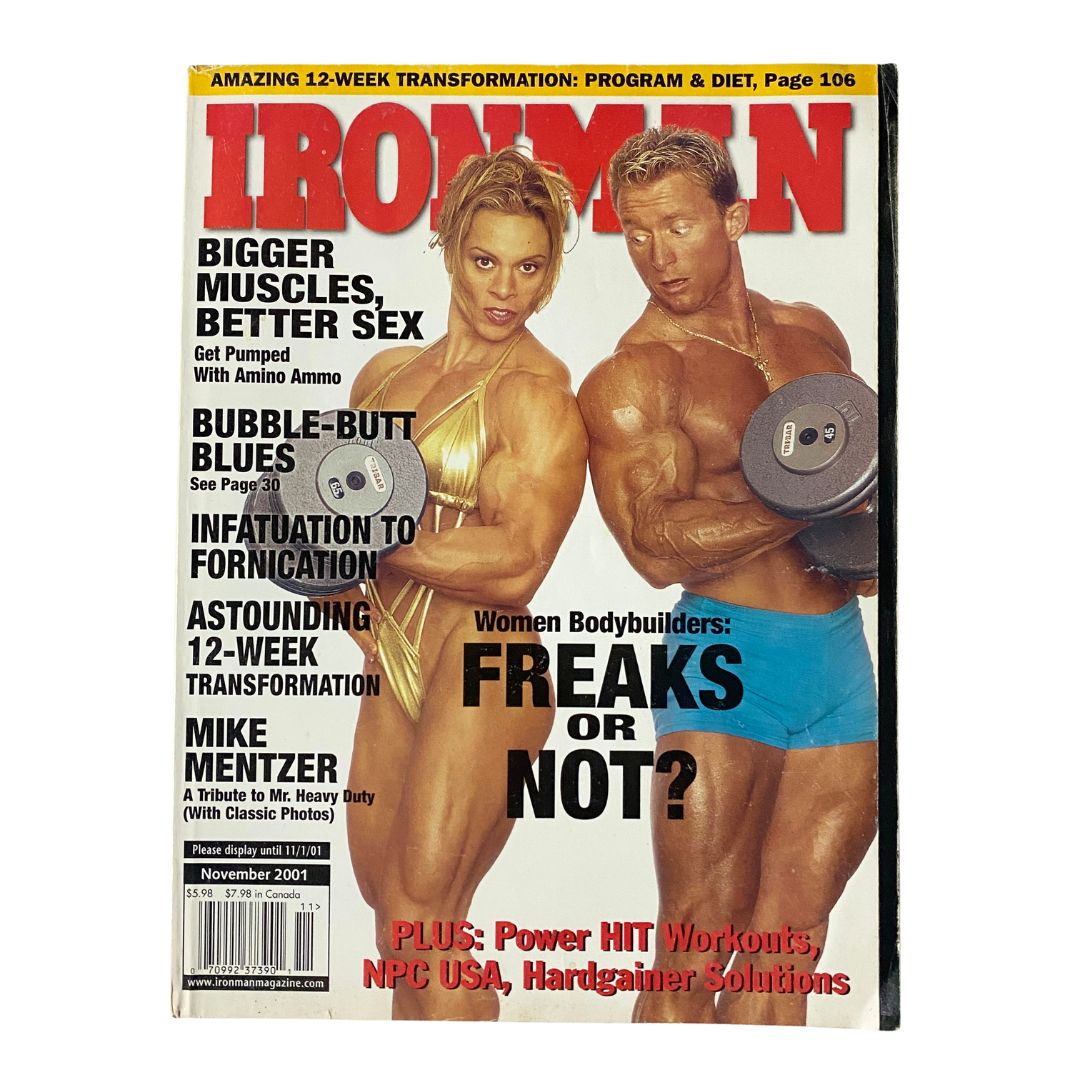 Iron Man Magazine November 2001 featuring athletes Andrulla Blanchette and Noel Thompson on the cover, showcasing bodybuilding culture with headlines about muscle transformation and workouts.