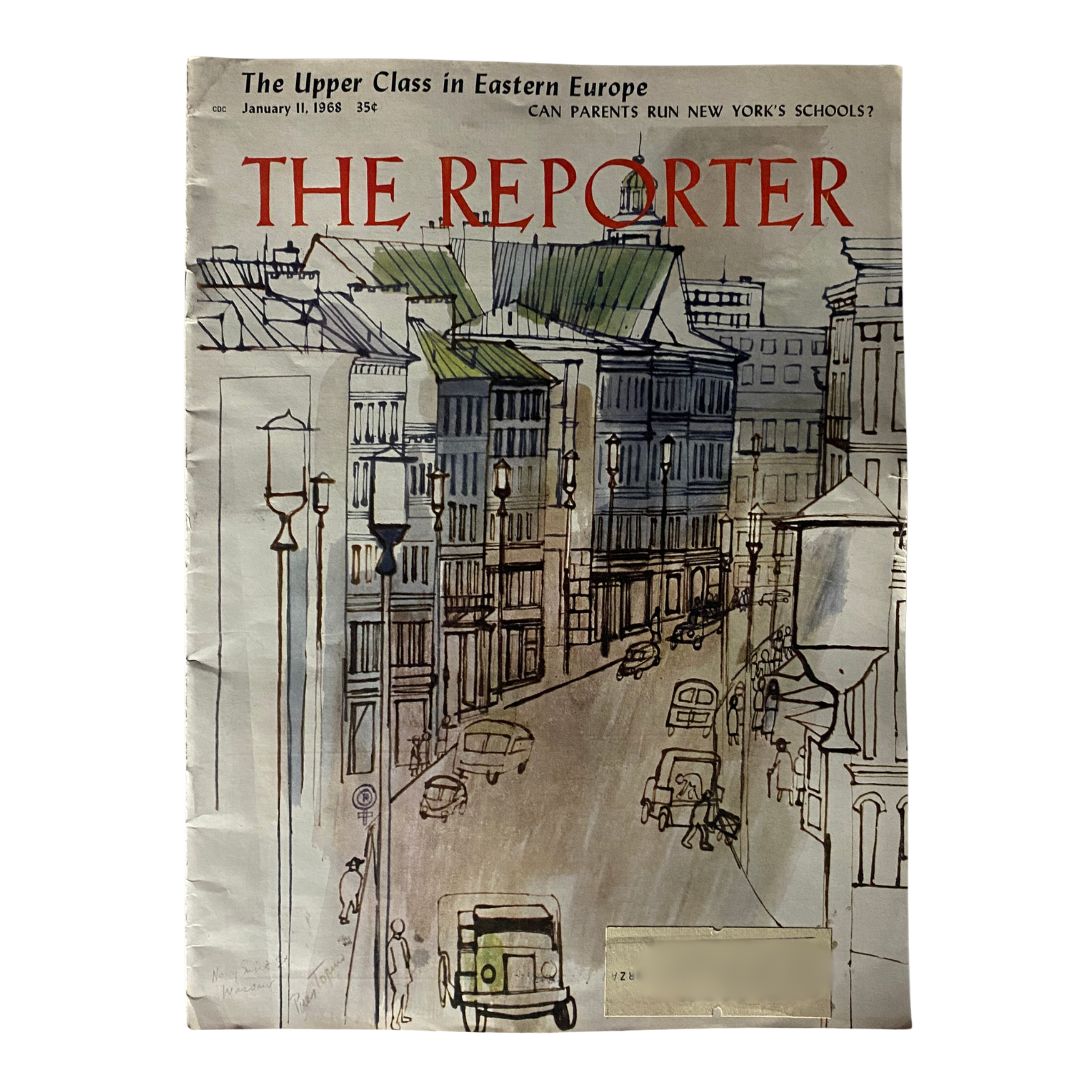 Cover of VTG The Reporter Magazine January 11 1968, featuring the title 'The Upper Class in Eastern Europe' and an illustration of a street scene.
