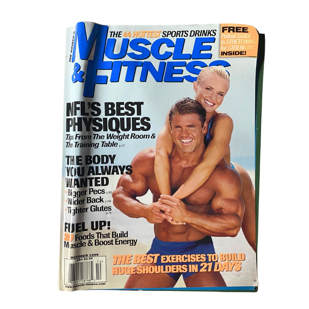 Muscle & Fitness Magazine October 1999 cover showcasing fitness icons Eddie Robinson and Heather Downey, featuring articles on NFL physiques and workout tips.