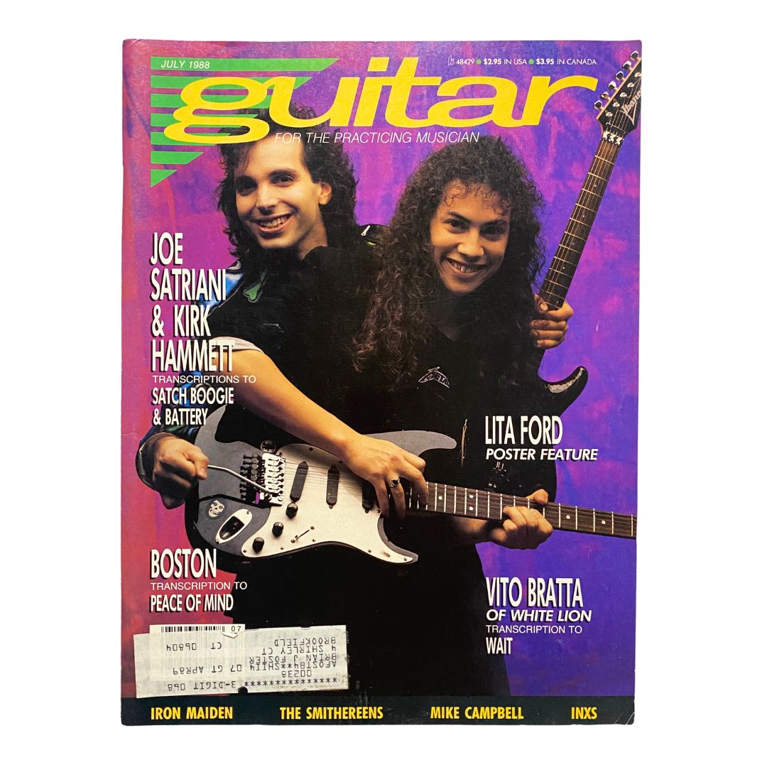 Cover of Guitar for the Practicing Musician Magazine, July 1988 featuring Joe Satriani and Kirk Hammett with vivid purple background. Includes details on transcriptions from Satch Boogie and Battery.