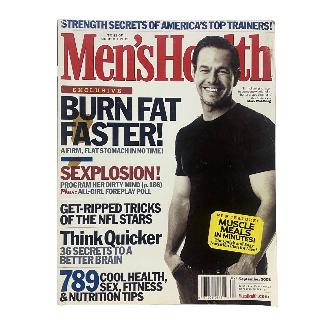Men's Health Magazine September 2005 featuring actor Mark Wahlberg on the cover, focusing on fitness and health trends with headlines about burning fat and tips from top trainers.