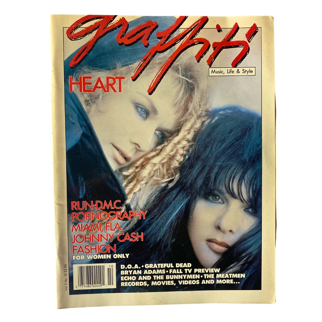 Cover of VTG Graffiti Magazine October 1987 featuring Heart, Bryan Adams, and Johnny Cash, showcasing the essence of 1980s music culture.