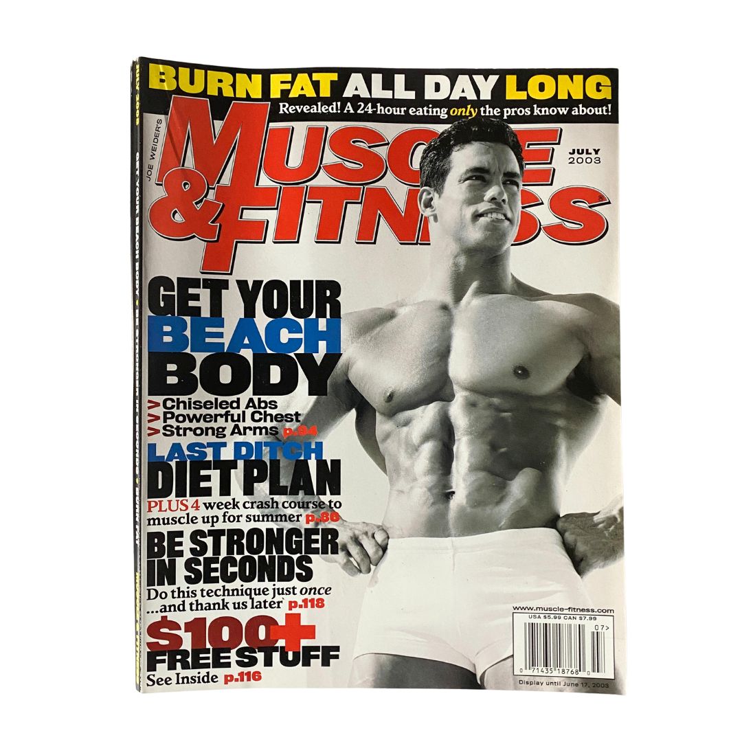Cover of Muscle & Fitness Magazine July 2003 featuring Tito Raymond, emphasizing fitness goals like 'Get Your Beach Body' and workout tips for summer preparation.