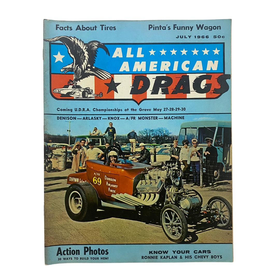 Cover of All American Drags Illustrated Magazine July 1966 featuring a vintage drag racing car and event details about the U.D.R.A. Championships. A slice of automotive history for vintage magazine collectors.