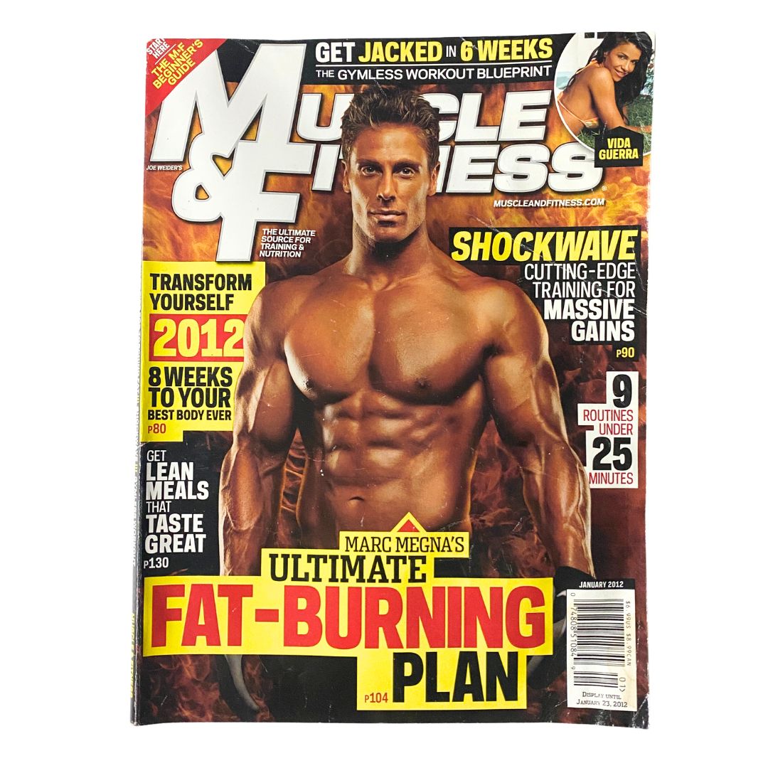 Cover of Muscle & Fitness Magazine January 2012 Vol 73 No. 1 featuring Marc Megna showcasing fitness expertise and training tips.