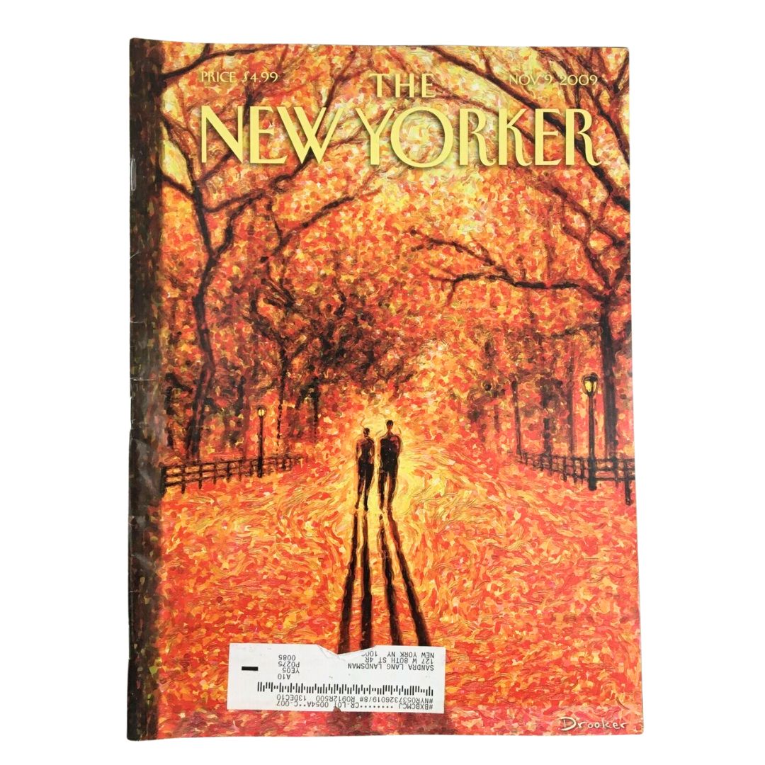 Cover of The New Yorker November 9 2009 featuring a striking illustration by Eric Drooker, depicting two figures walking in a vibrant autumn landscape.