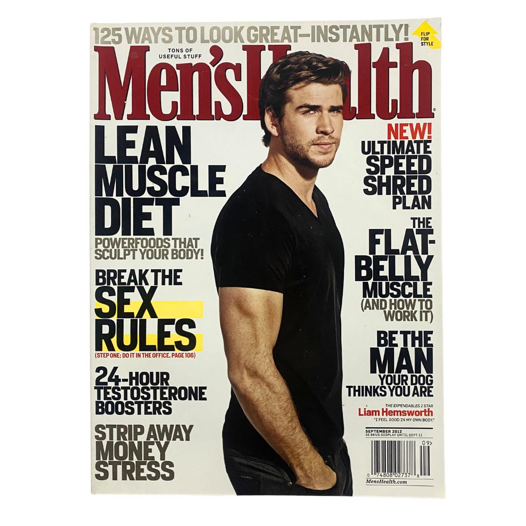 Cover of Men's Health Magazine September 2012 featuring actor Liam Hemsworth, highlighting health tips and fitness trends from the era. Includes text on lean muscle diet and a speed shred plan.