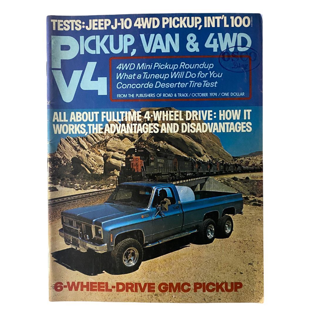 Cover of VTG Pickup, Van & 4WD V4 Magazine October 1974 featuring a 6-Wheel Drive GMC Pickup, with details about 4WD vehicles and tests on the Jeep J-10.
