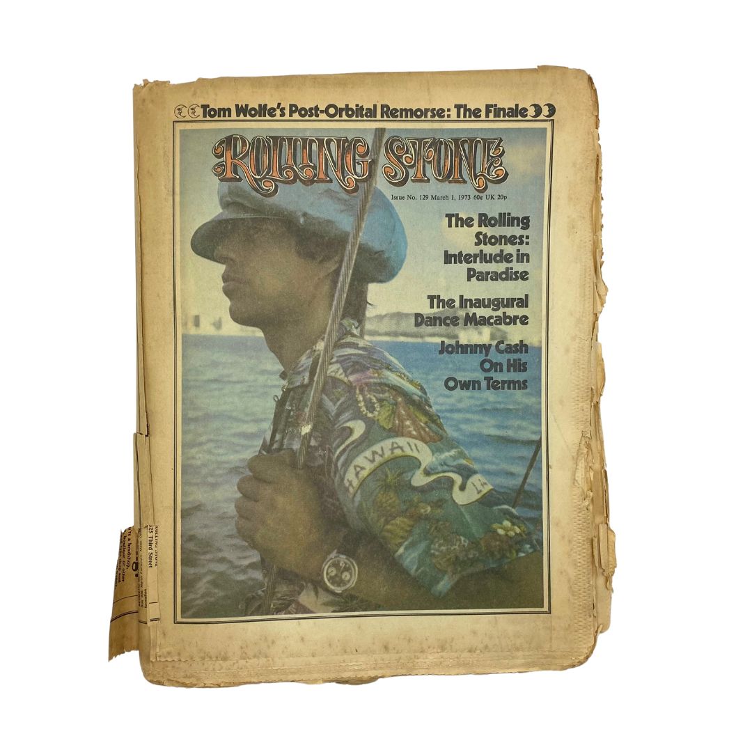 Rolling Stone Magazine March 1 1973 Issue No. 129 cover featuring a photograph of a soldier with a rifle, showcasing iconic music culture from the 1970s.