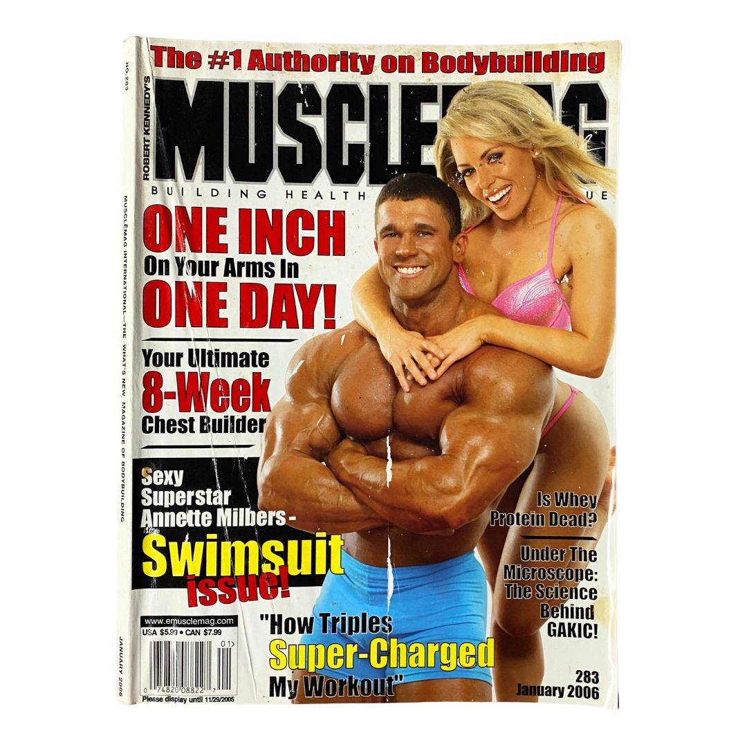 Cover of MuscleMag Int'l Magazine January 2006 No. 283 featuring bodybuilders David Dorsey and Shay Lyn, highlighting fitness tips and bodybuilding culture.
