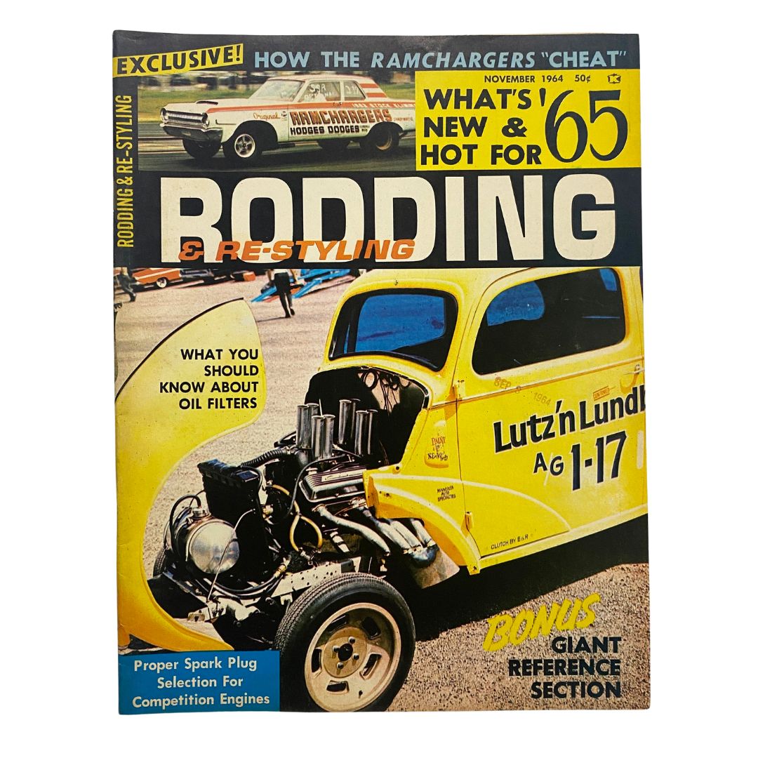Cover of Rodding & Re-Styling Magazine November 1964 featuring automotive trends, a yellow car, and the title 'Rodding & Re-Styling' with articles on performance and modifications.