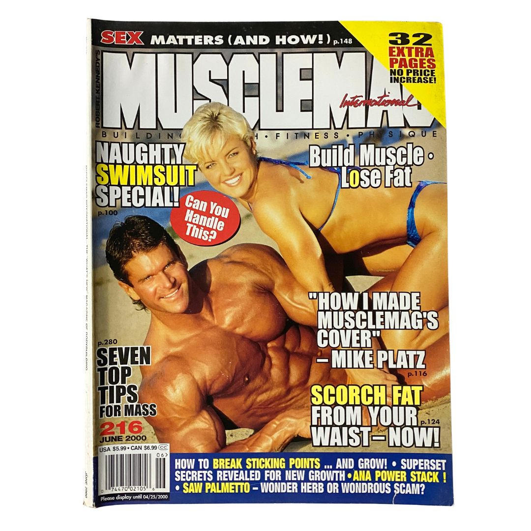 Cover of MuscleMag Int'l Magazine June 2000 No. 216 featuring Mike Platz and Heather Downey, showcasing fitness tips, bodybuilding techniques, and interviews with athletes.