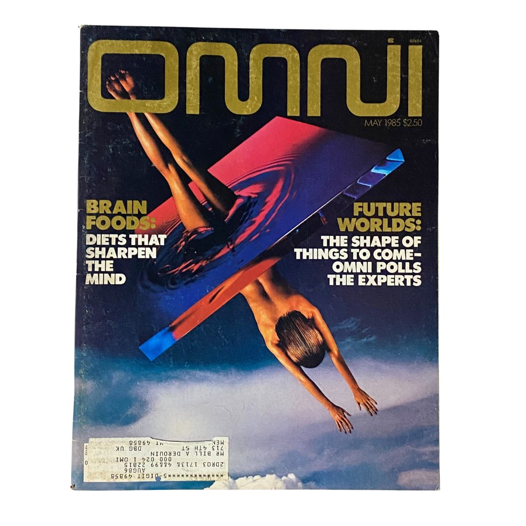 Cover of the May 1985 issue of Omni Magazine titled 'Brain Foods: Diets That Sharpen The Mind.' The cover features a striking design with a person visibly diving towards a vibrant graphic element, juxtaposing themes of nutrition and cognitive enhancement.