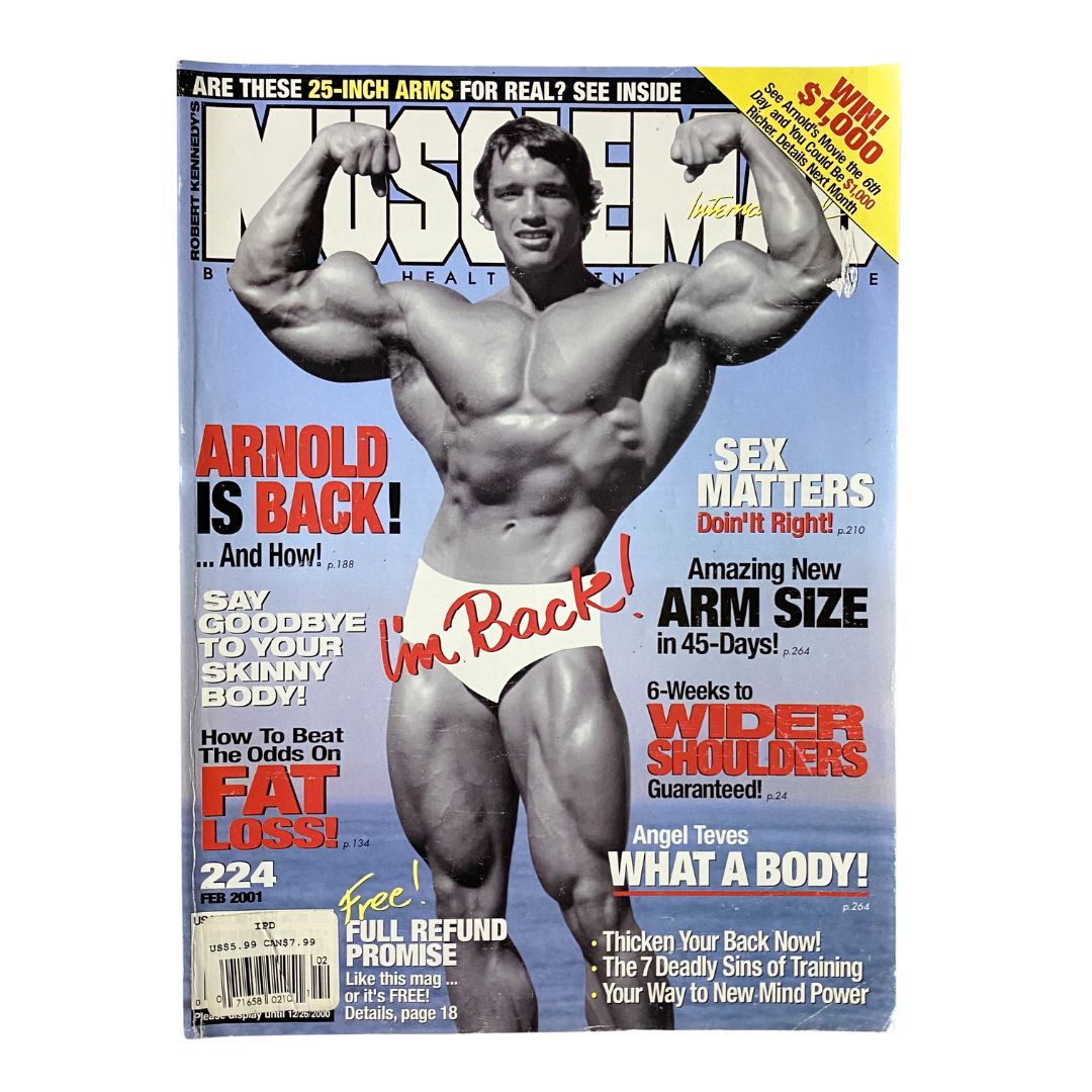 Muscle Mag International Magazine February 2001 featuring Arnold Schwarzenegger on the cover, showcasing a muscular pose indicative of bodybuilding culture in the early 2000s.