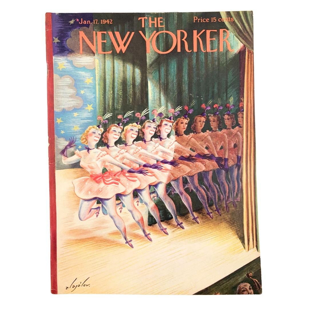 Cover of The New Yorker Magazine from January 17, 1942, featuring Theatre Dancers artwork by Constantin Alajalov, showcasing vibrant illustration of dancers in costume.