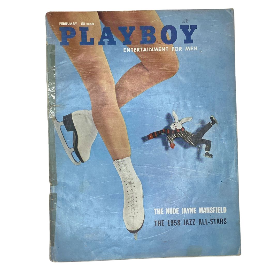 VTG Playboy Magazine February 1958 cover featuring a woman in ice skates and a whimsical bunny character, showcasing vintage aesthetics and cultural significance.