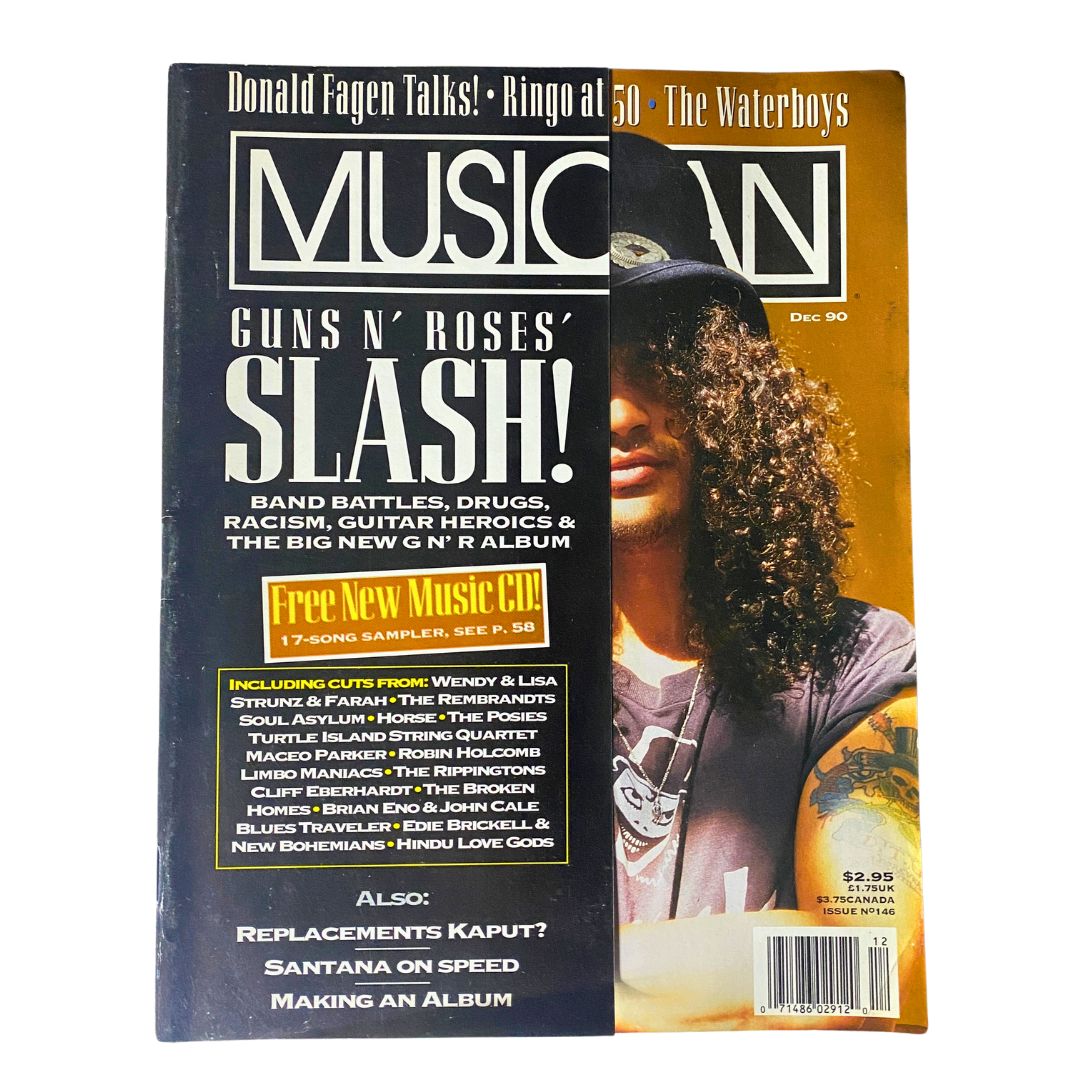 Cover of VTG Musician Magazine December 1990 featuring Slash from Guns N' Roses, highlighting band battles, drugs, and guitar heroics.