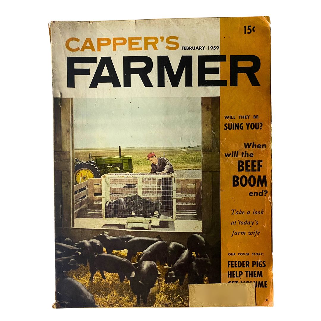 Cover of VTG Carper's Farmer Magazine February 1959 featuring a farmer with feeder pigs and a green tractor, highlighting the article 'Feeder Pigs Help Them Get Volume'.
