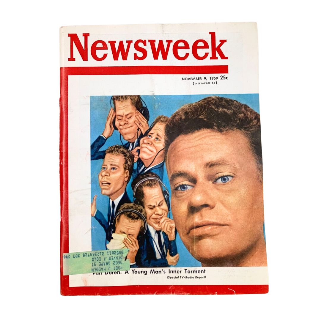 Vintage Newsweek Magazine cover from November 9, 1959, featuring the title 'A Young Man's Inner Torment' by Mark Van Doren, showcasing illustrations of a man expressing various emotions.