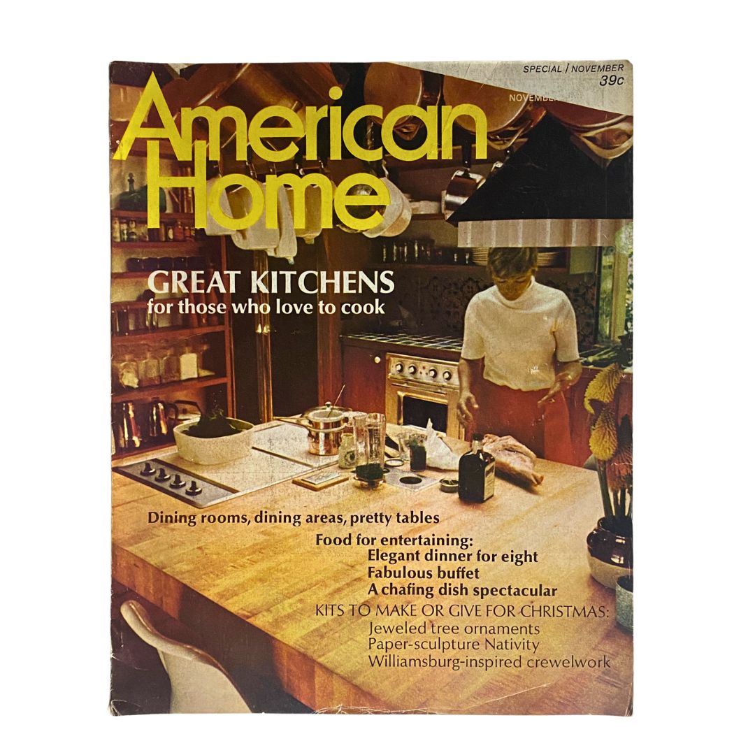 Cover of VTG American Home Magazine from November 1968 titled 'Great Kitchens', showcasing a stylish kitchen setting and the magazine's theme of culinary inspiration.