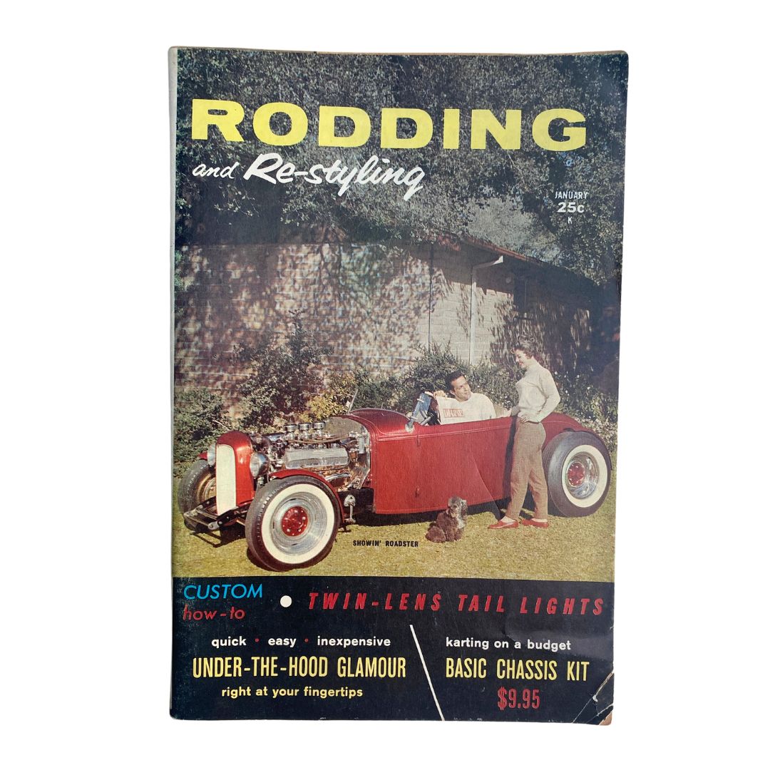 VTG Rodding & Re-Styling Magazine January 1960 cover featuring a classic red roadster and two people, capturing the essence of 1960s car culture.