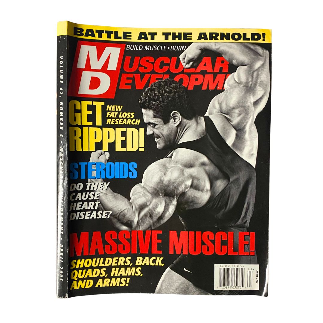 Cover of Muscular Development Magazine April 2005 featuring bodybuilder Gustavo Badell, showcasing the themes of muscle building, fitness culture, and workout tips.