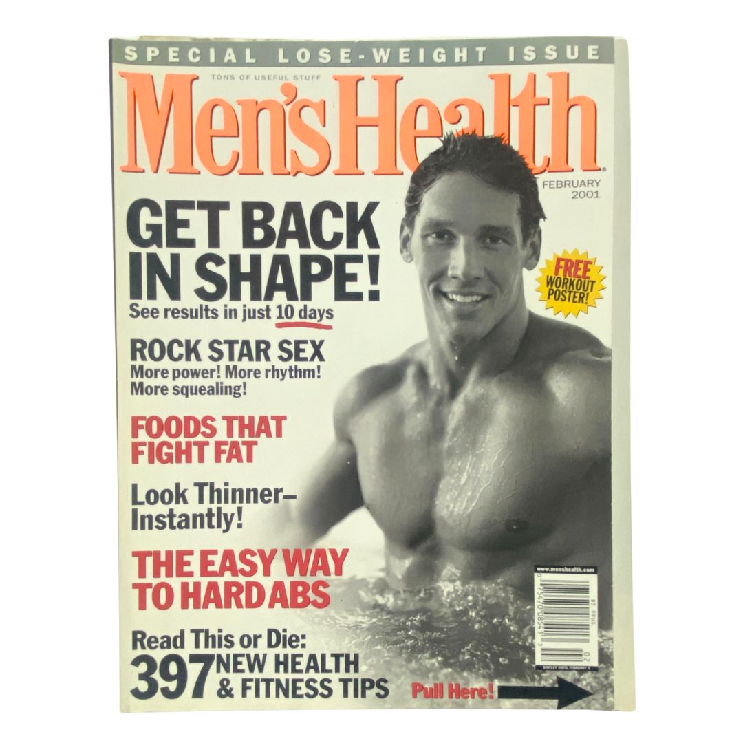 Men's Health Magazine February 2001 cover titled 'Easy Way To Hard Abs' featuring a muscular man showcasing fitness advice and a free workout poster.