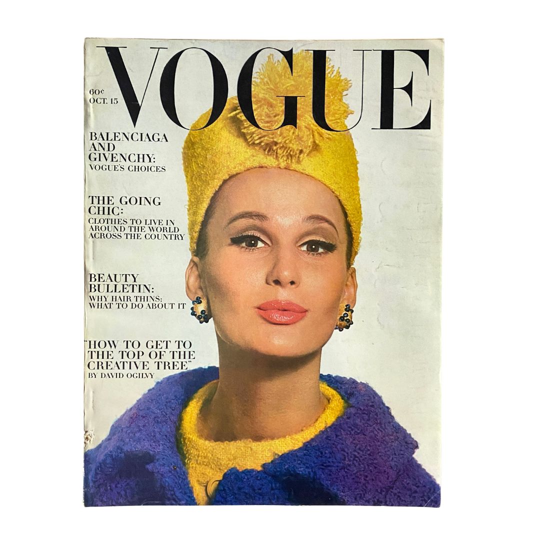 Vintage Vogue Magazine, October 15, 1963: Brigitte Bauer photographed by David Bailey on the cover.