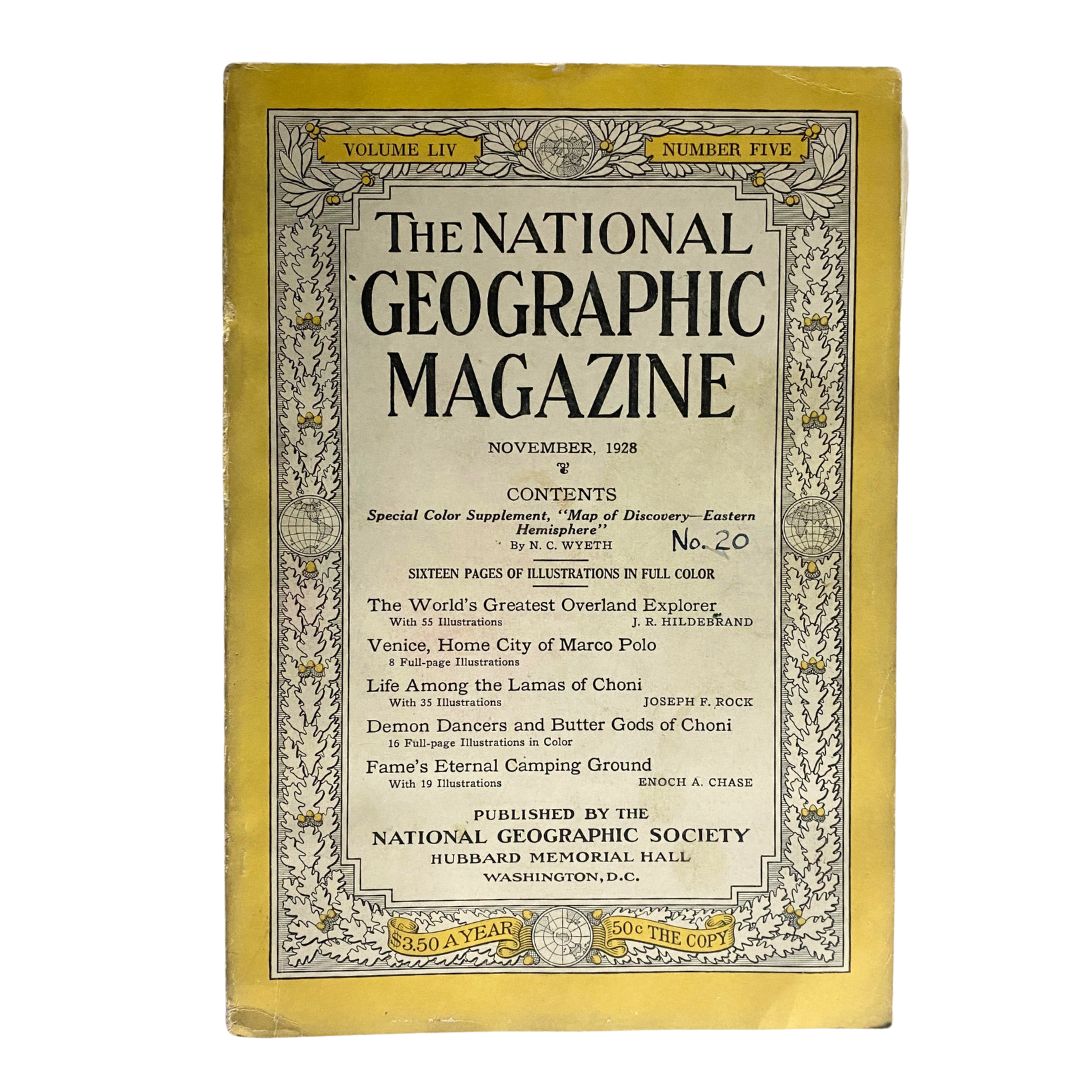 Cover of the National Geographic Magazine from November 1928 featuring the Eastern Hemisphere Supplement, showcasing the magazine's title, volume, issue number, and highlights of the issue's content.