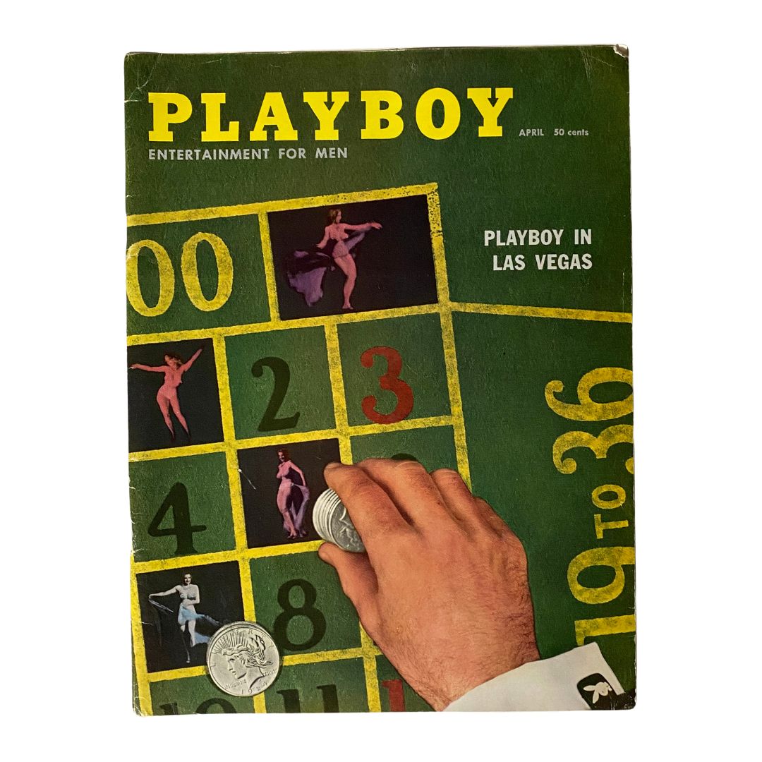 Cover of VTG Playboy Magazine April 1958 featuring Playmate Felicia Atkins, showcasing a vintage aesthetic with a hand holding coins over a roulette board design.